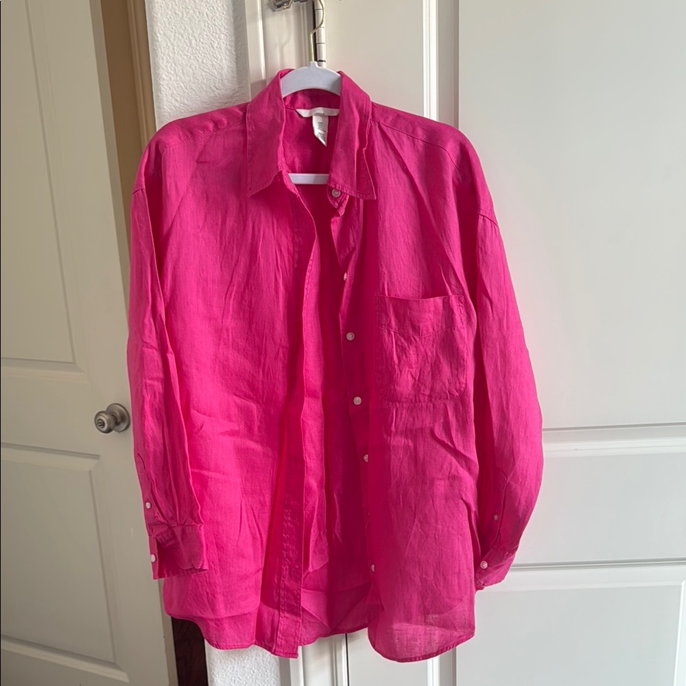 H&M Premium 100% Linen Pink Fuchsia Oversized Shirt S